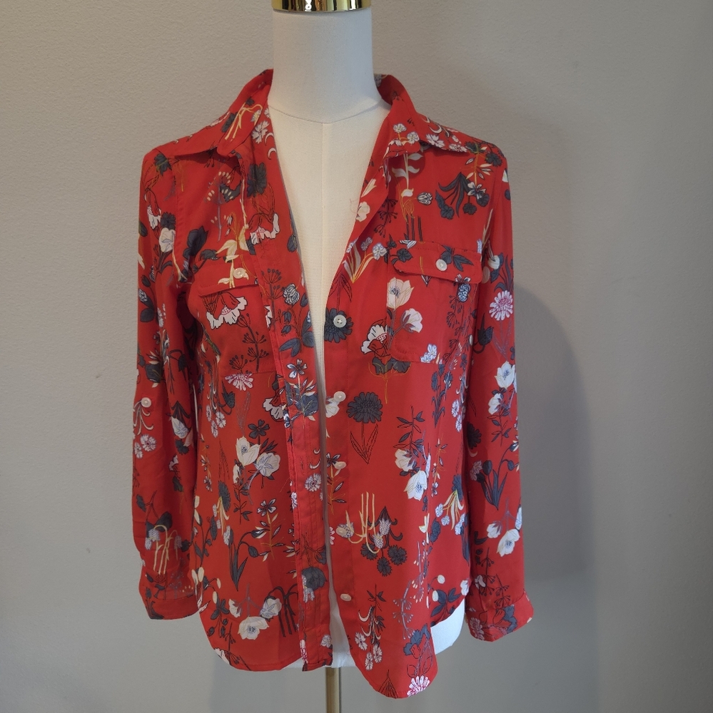 LOFT Red Floral Button Down Shirt